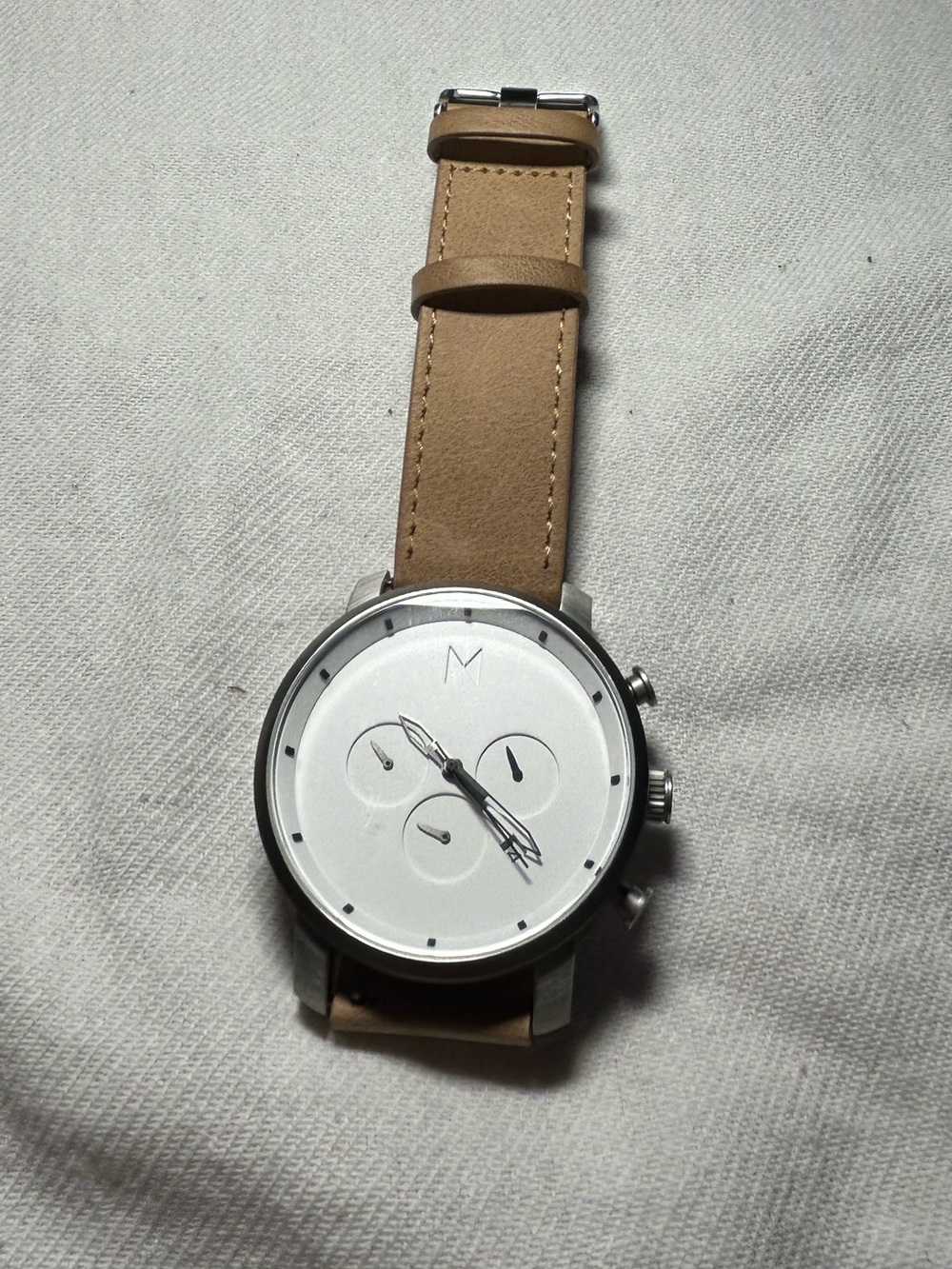 MVMT White Face Watch, Silver Trim, with Tan Leather Strap